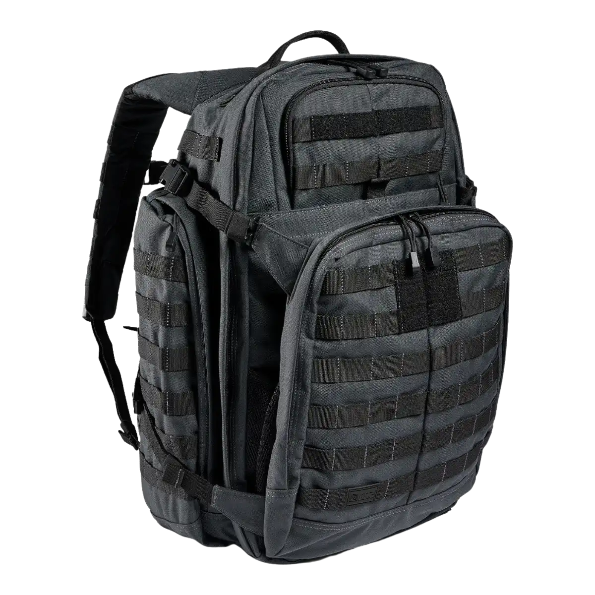 A prominent photograph of a tactical backpack—the model 'Rush 72' by the company 5.11 in the black and grey color