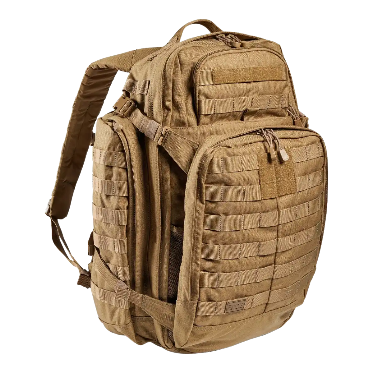 A prominent photograph of a tactical backpack—the model 'Rush 72' by the company 5.11 in the beige khaki color