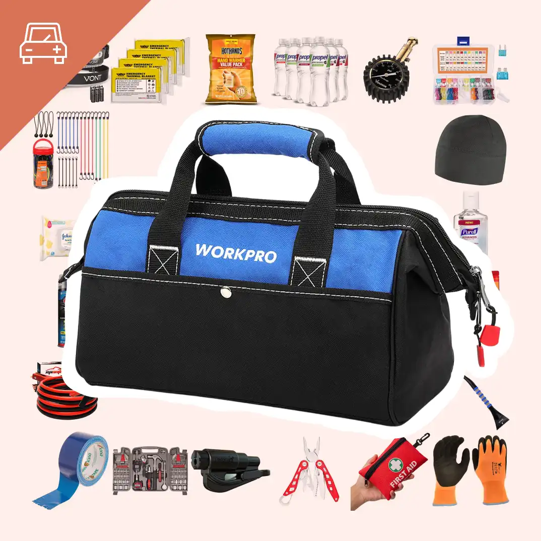A collage of roadside assistance products with a large image of a organizing tool bag in the center.