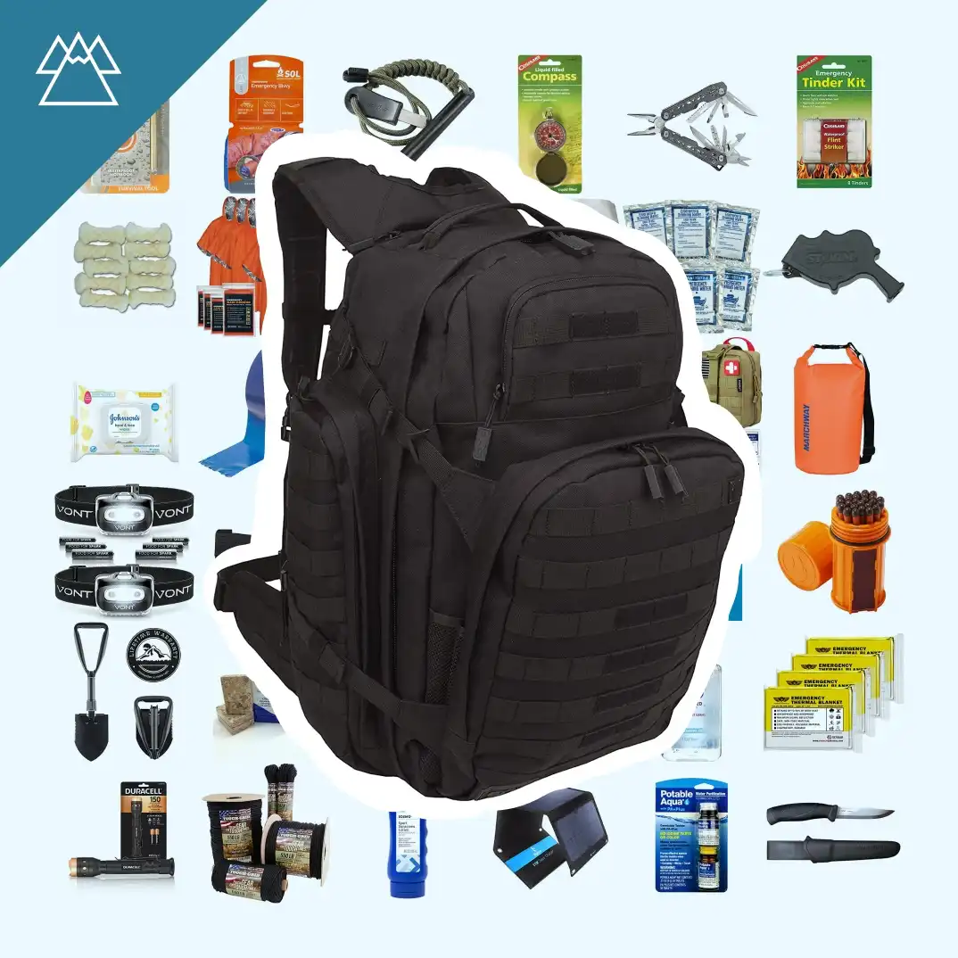 A collage of bugout bag products with a large image of a tactical backpack in the center.