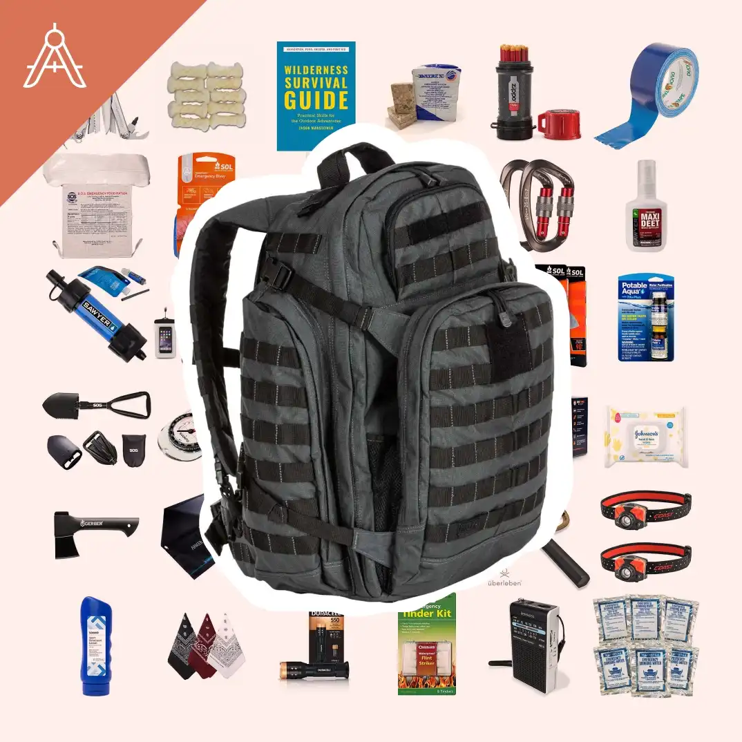 A collage of bugout bag products with a large image of a tactical backpack in the center.