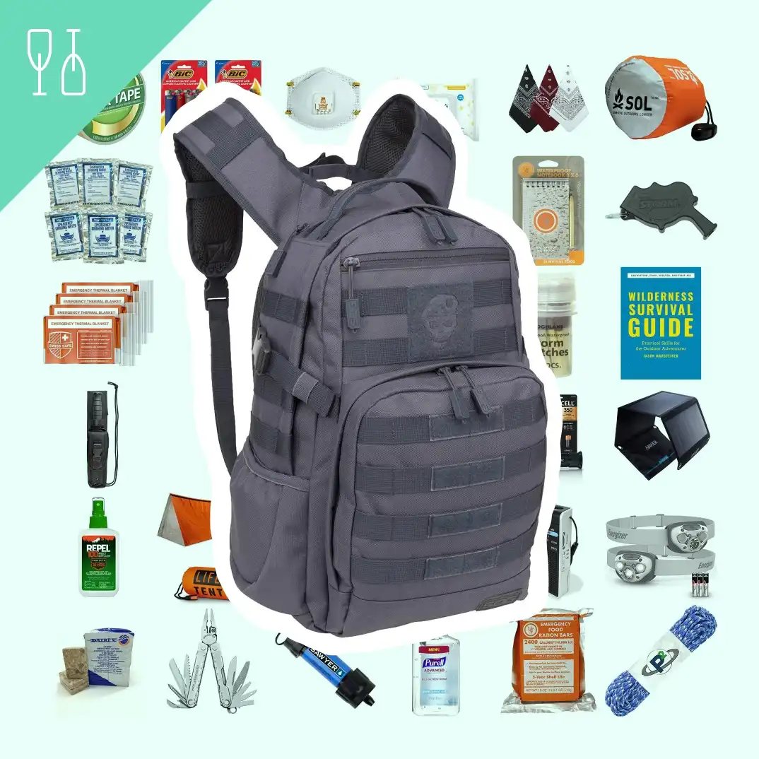 A collage of bugout bag products with a large image of a tactical backpack in the center.