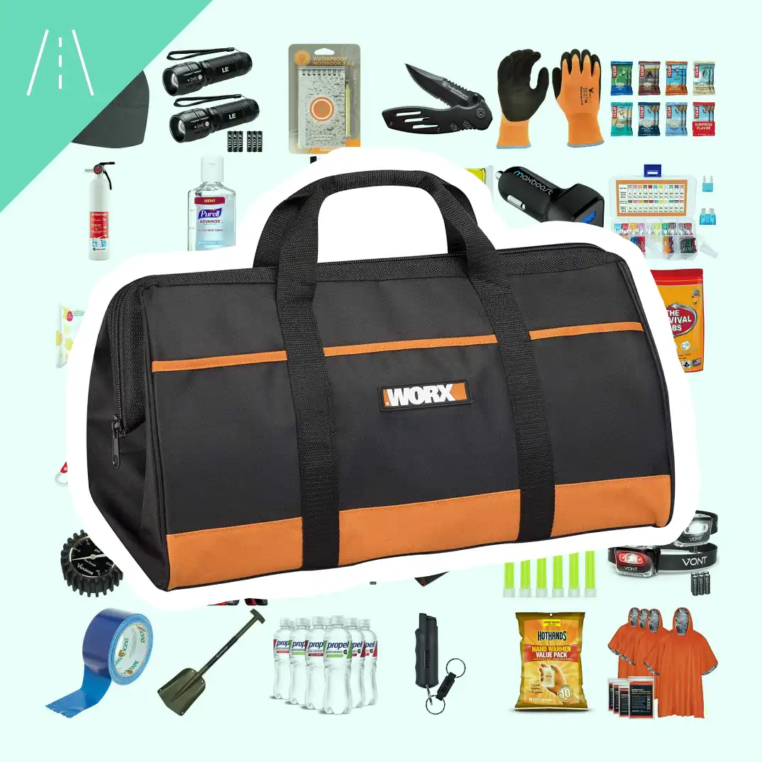 A collage of roadside assistance products with a large image of a organizing tool bag in the center.
