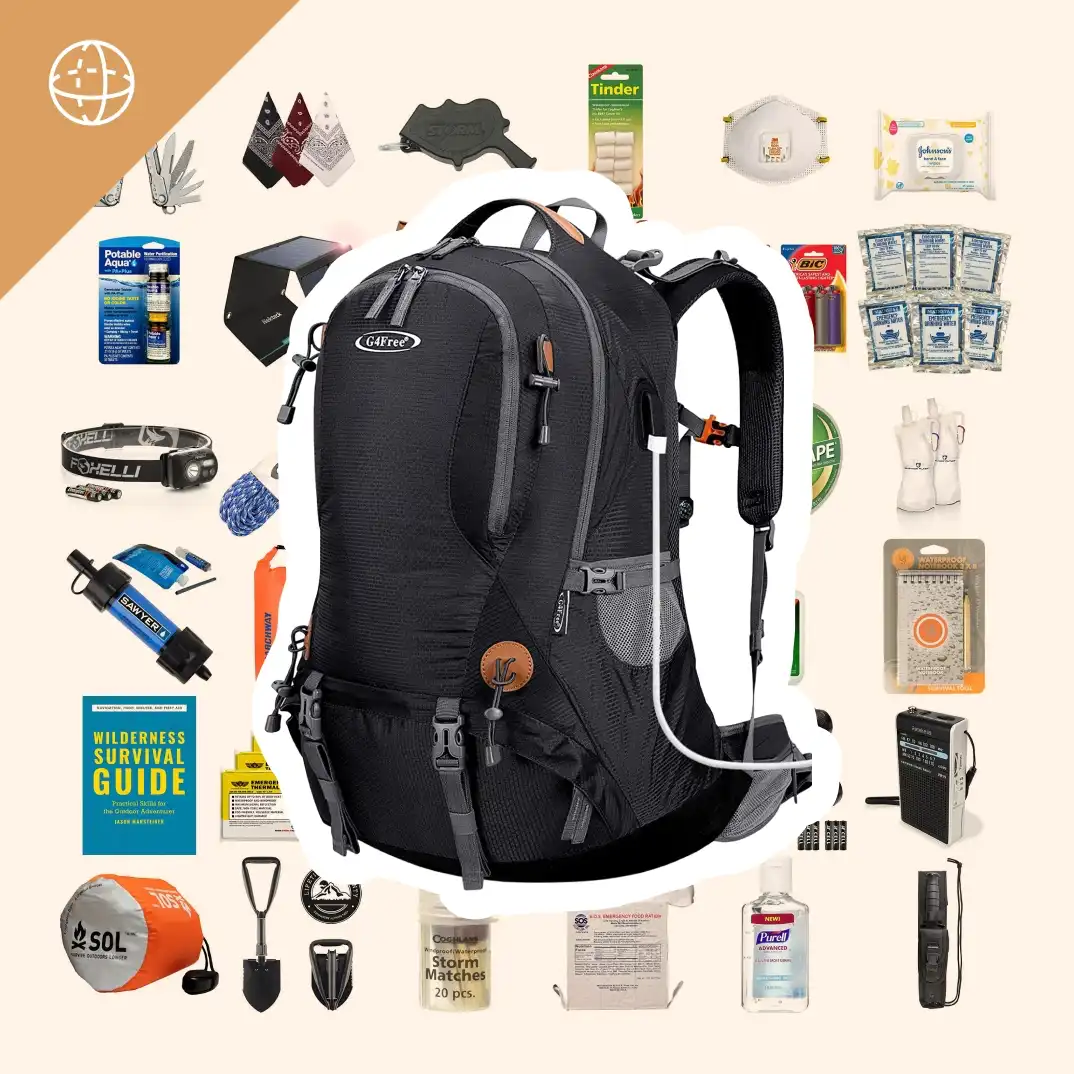 A collage of bugout bag products with a large image of a tactical backpack in the center.