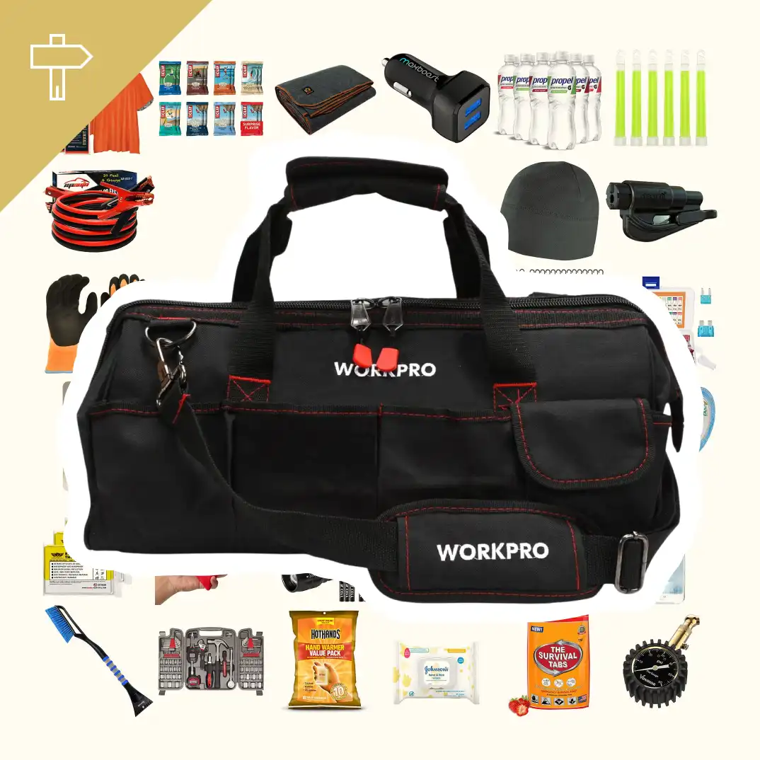 A collage of roadside assistance products with a large image of a organizing tool bag in the center.
