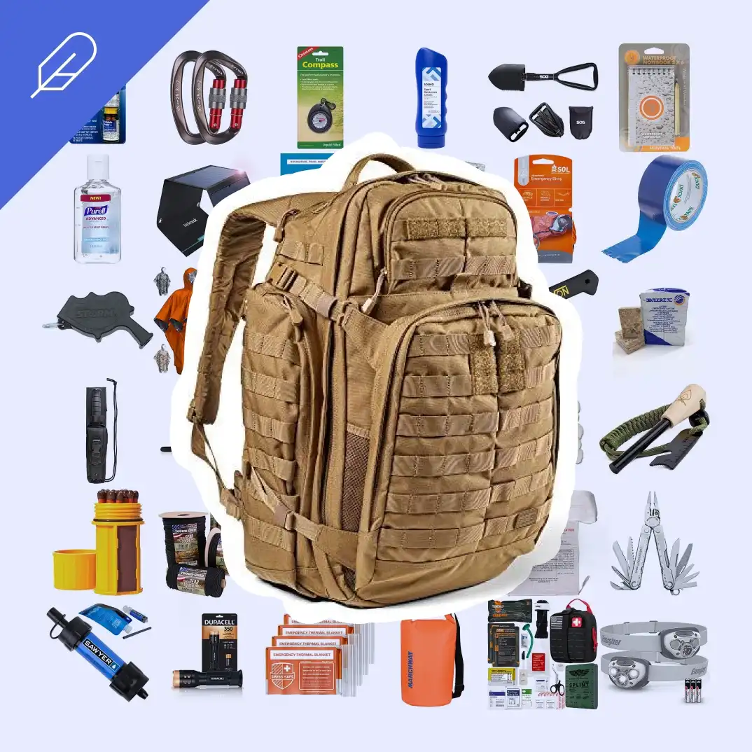 A collage of bugout bag products with a large image of a tactical backpack in the center.
